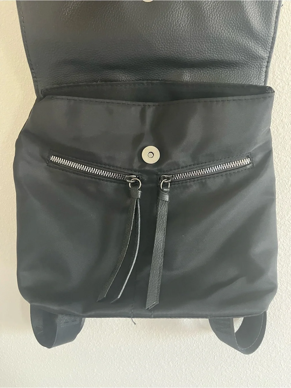 Botkier NWT Backpack Purse Black Nylon Trigger Mini Concert Bag w/Leather Flap